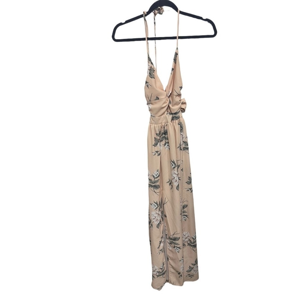 Showpo Pink Floral Maxi Dress Size US 0 Side Slit Halter Cutout Tie Back